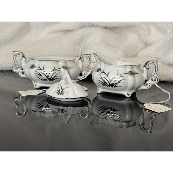 Lefton China Sugar And Creamer White And Silver Hand Painted 225 - Picture 5 of 14